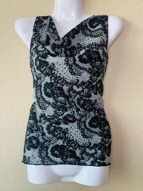 B.I.Y.A.C.D.A  Black White Lace Print Drape Neck Office Siren Blouse Size M